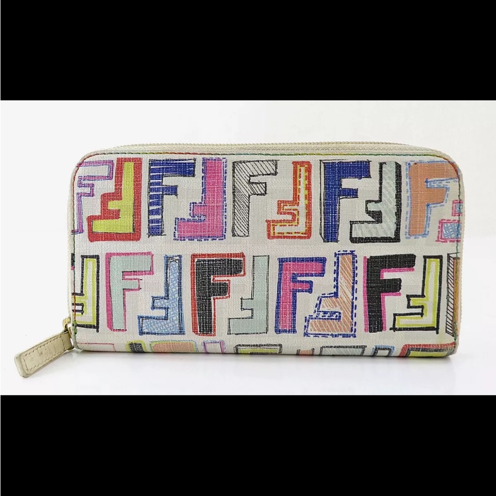 SOLD❤️ FENDI Multicolor Zucca PVC Canvas Long Zippy Wallet White Logo RARE - Picture 3 of 13